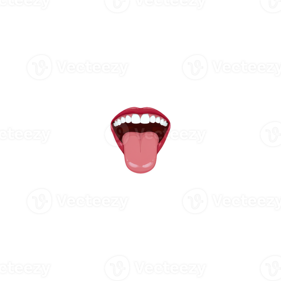 Cartoon mouth with open expression shows teeth and tongue, conveying excitement or surprise. vibrant red lips and detailed teeth add playful touch png