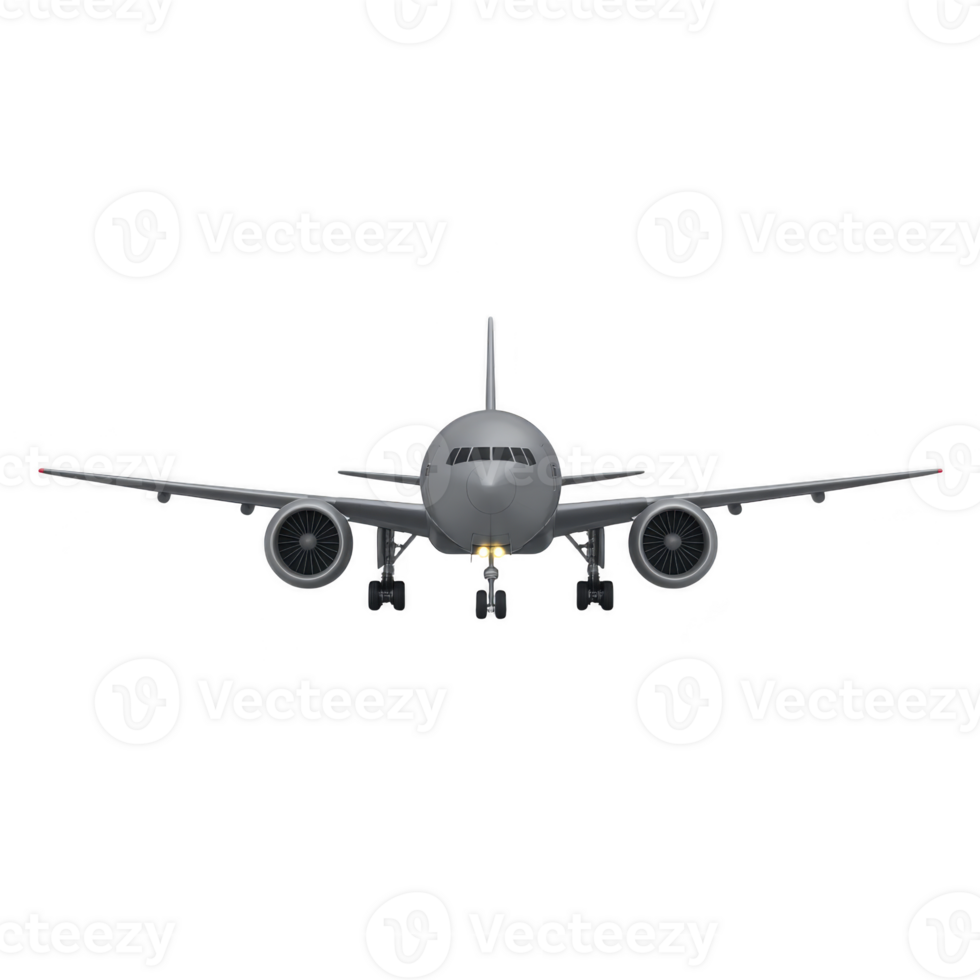 Front view of commercial airplane with landing gear extended, showcasing its sleek design and powerful engines. aircraft is set against transparent background, emphasizing its modern engineering png