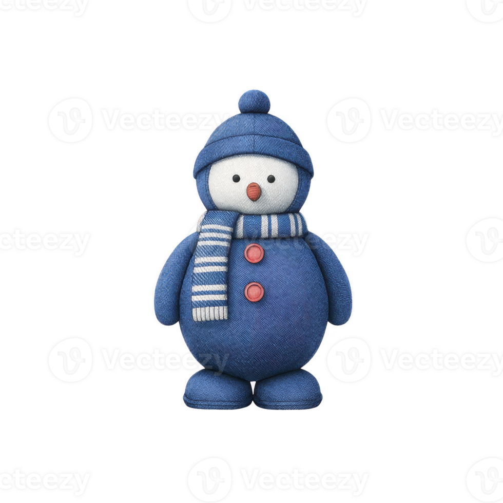 Cute plush penguin toy wearing blue hat and scarf with red buttons stands against transparency background, evoking sense of warmth and playfulness png