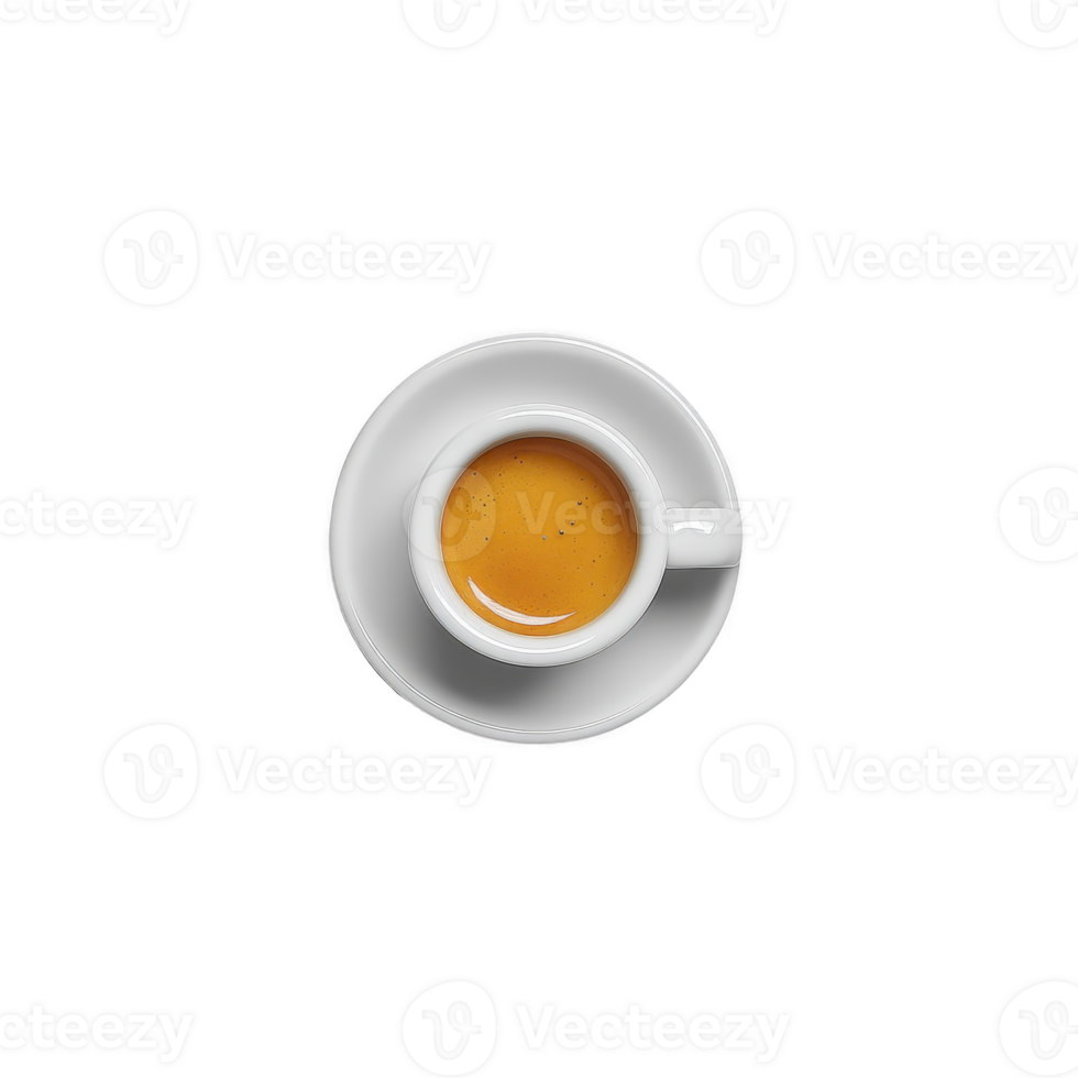 Top view of white cup filled with espresso on saucer, isolated on transparency background, showcasing rich, dark coffee with light crema on top png