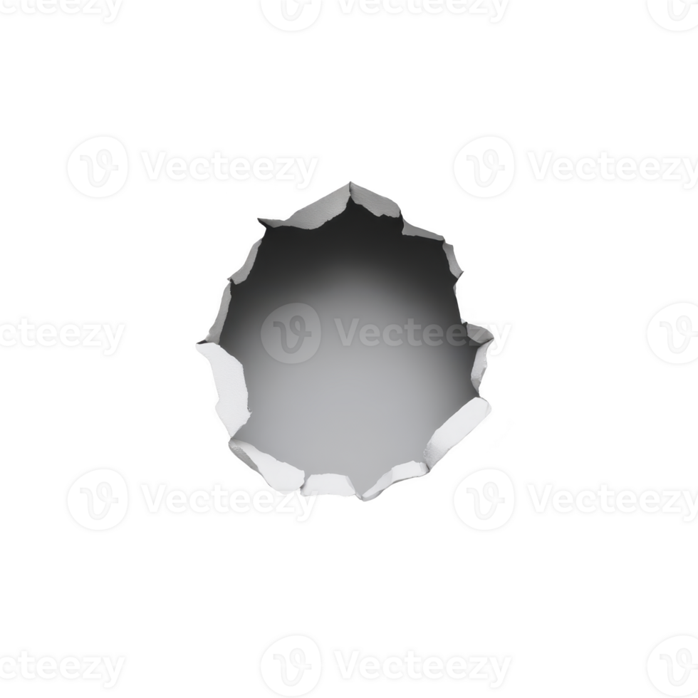 Torn paper hole with jagged edges reveals blank space, creating sense of curiosity and mystery. white paper contrasts with transparency background, emphasizing tear png