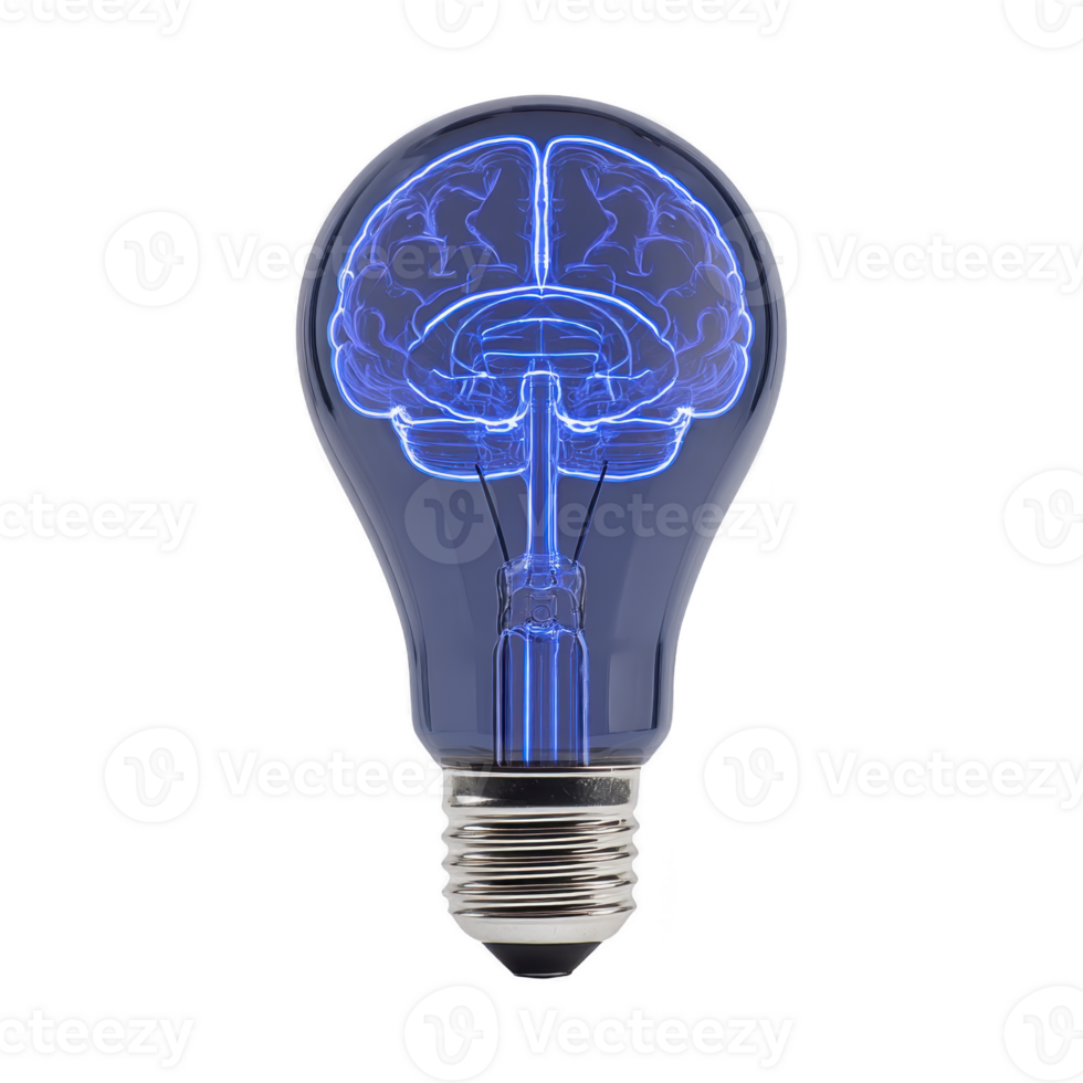 Light bulb with glowing brain inside symbolizes creativity and innovation, blending technology and human intelligence in conceptual design png