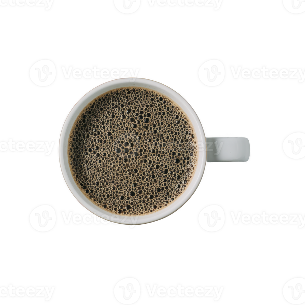 Top view of white cup filled with black coffee, showcasing rich layer of bubbles on surface, isolated on transparency background png