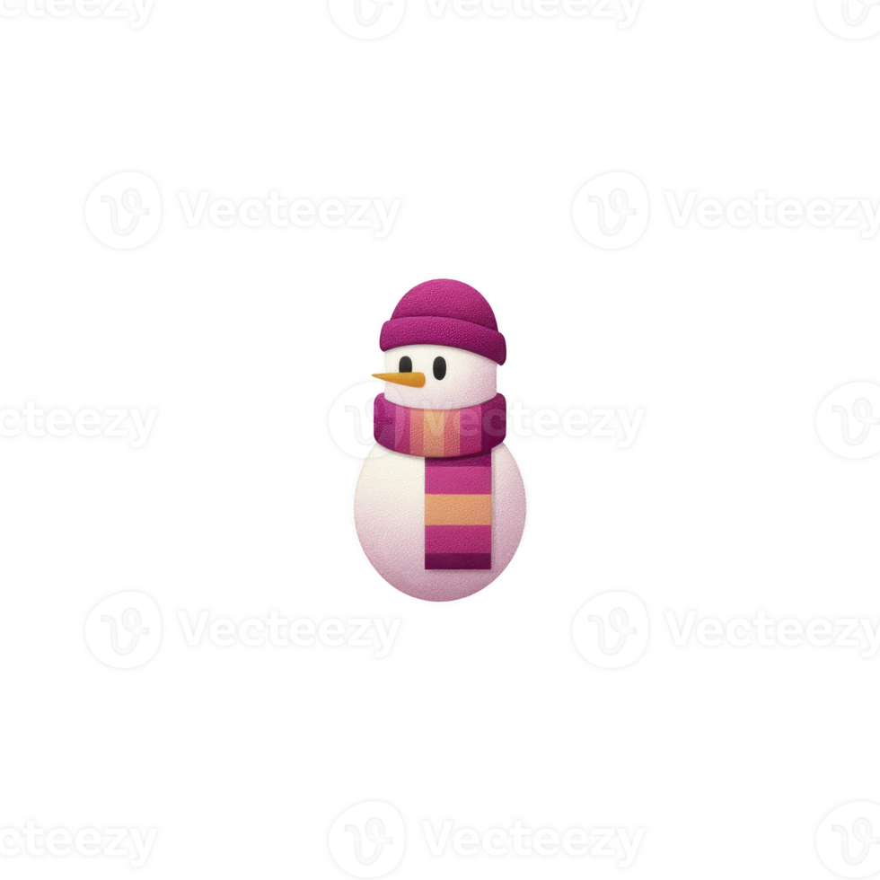 Cute snowman with pink and purple striped scarf and hat stands cheerfully, evoking sense of winter joy and festive spirit png