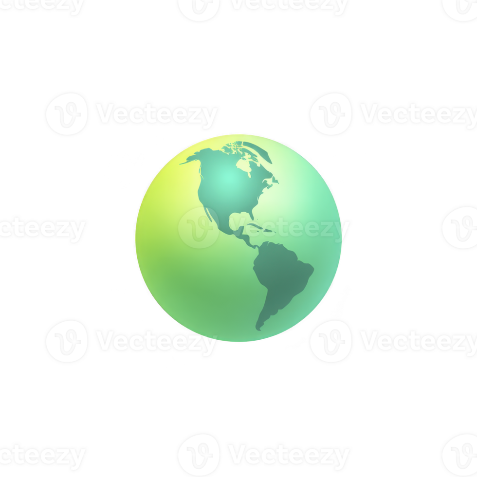 Stylized illustration of Earth with gradient of green and blue colors, highlighting North and South America. design is simple and modern, evoking sense of environmental awareness png