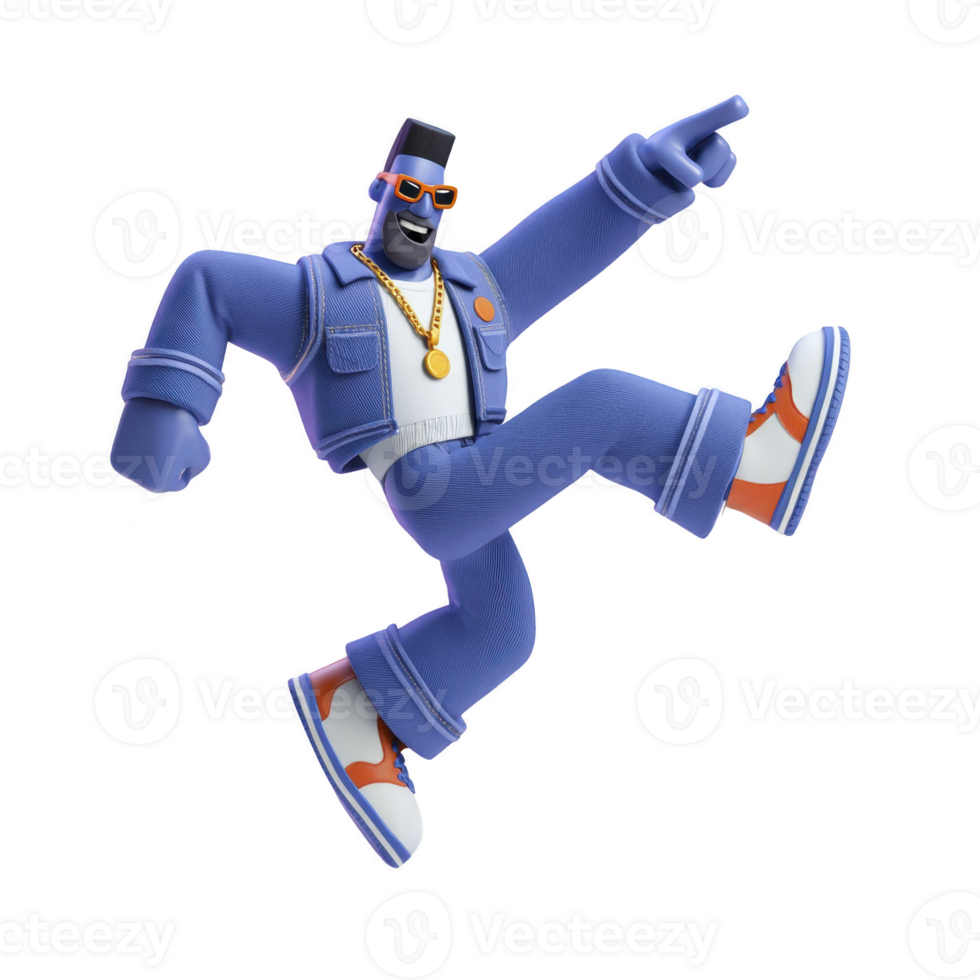3D animated character in dynamic pose, wearing blue denim outfit, orange sunglasses, and sneakers, exudes energy and style. character confident expression adds to lively scene png