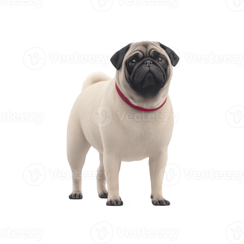 Cute pug with red collar stands attentively, showcasing its wrinkled face and curled tail. dog beige fur contrasts with vibrant collar, adding charm to its appearance png