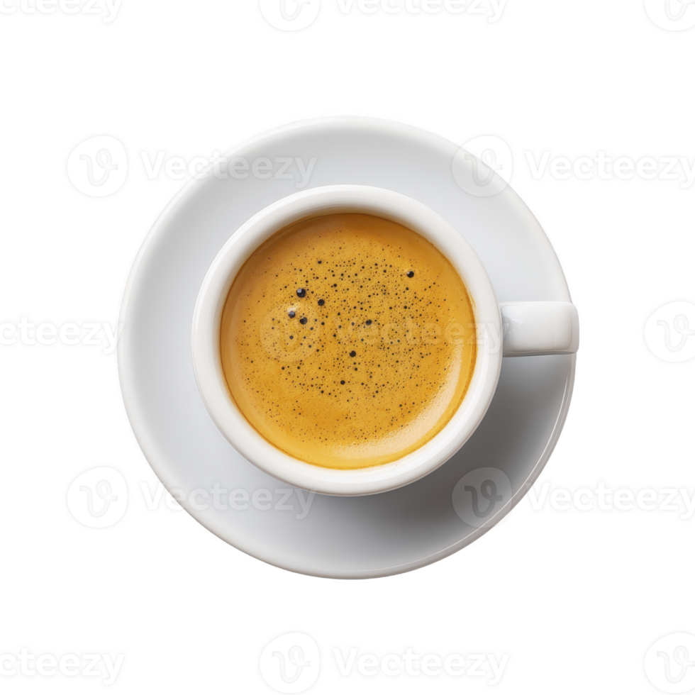 Steaming cup of espresso sits in white ceramic cup on matching saucer, viewed from above. rich, golden crema on top adds touch of warmth and invites comforting experience png