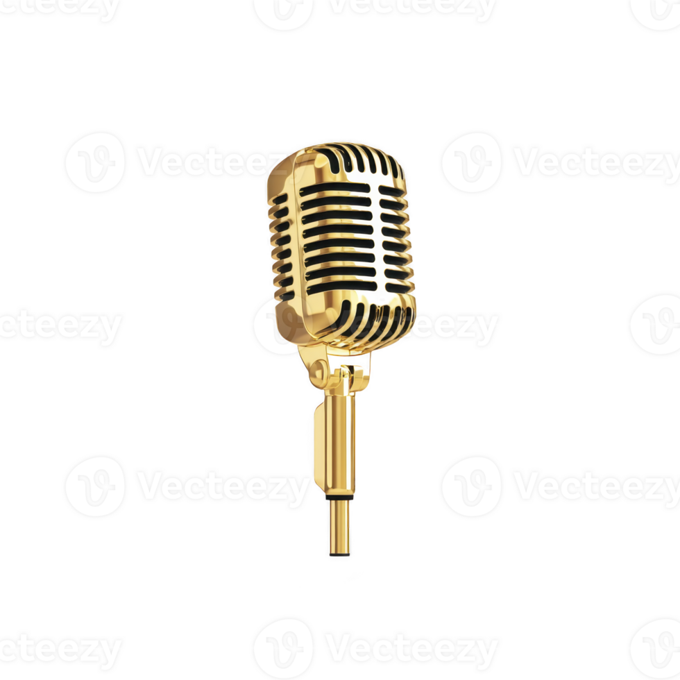 Vintage style golden microphone stands elegantly against plain background, evoking sense of nostalgia and classic charm. shiny metallic finish adds touch of luxury and sophistication png