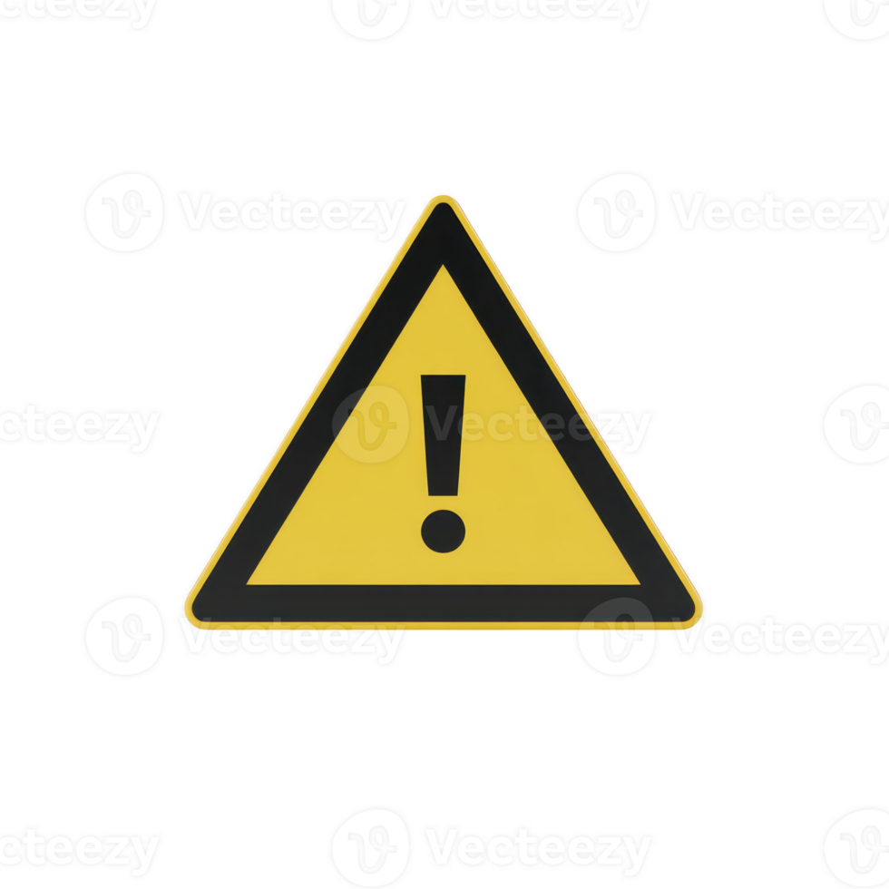 Yellow triangular warning sign with black exclamation mark in center, symbolizing caution or alert. sign is isolated on transparency background png