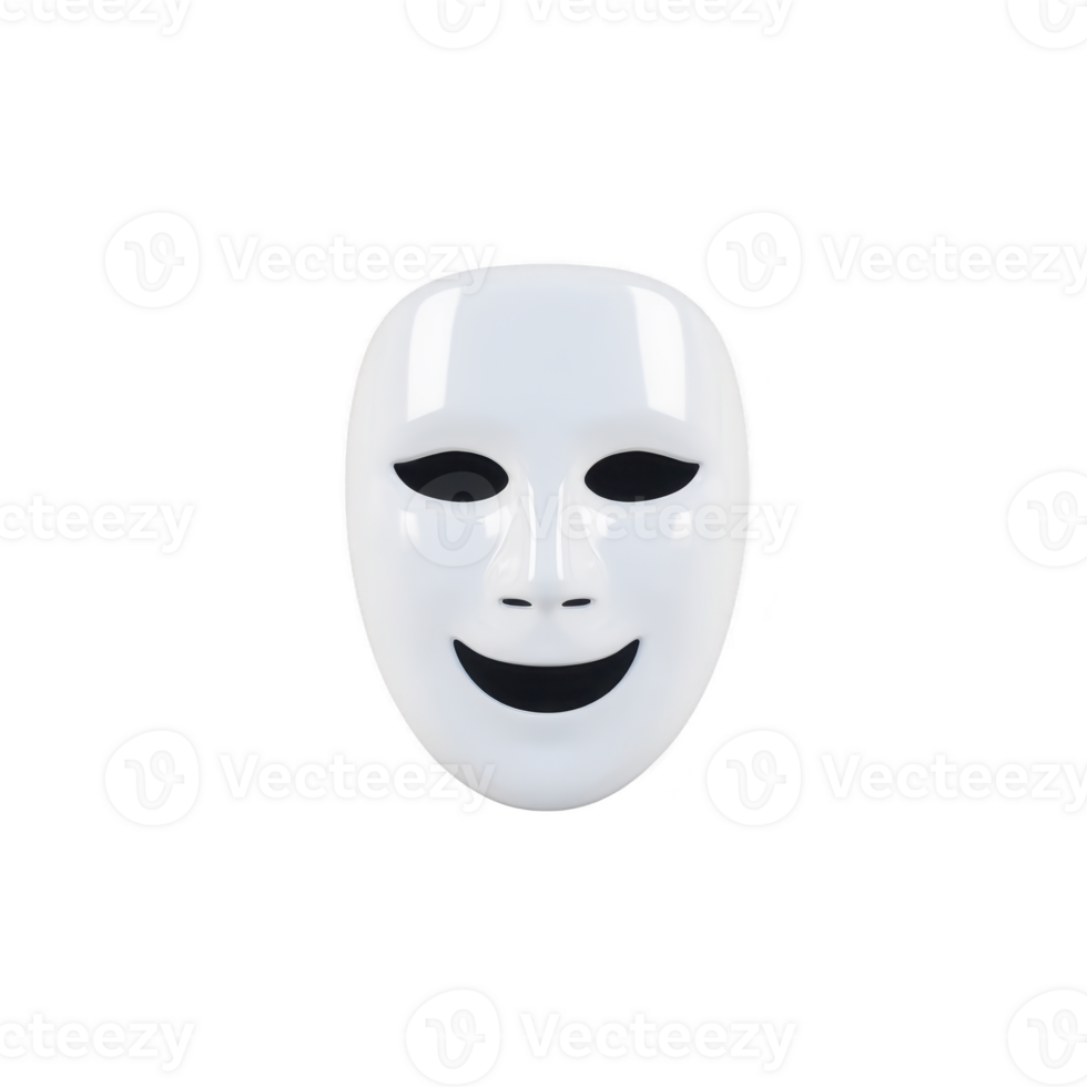 White, glossy mask with smiling expression is centered against transparency background, creating mysterious and theatrical atmosphere png