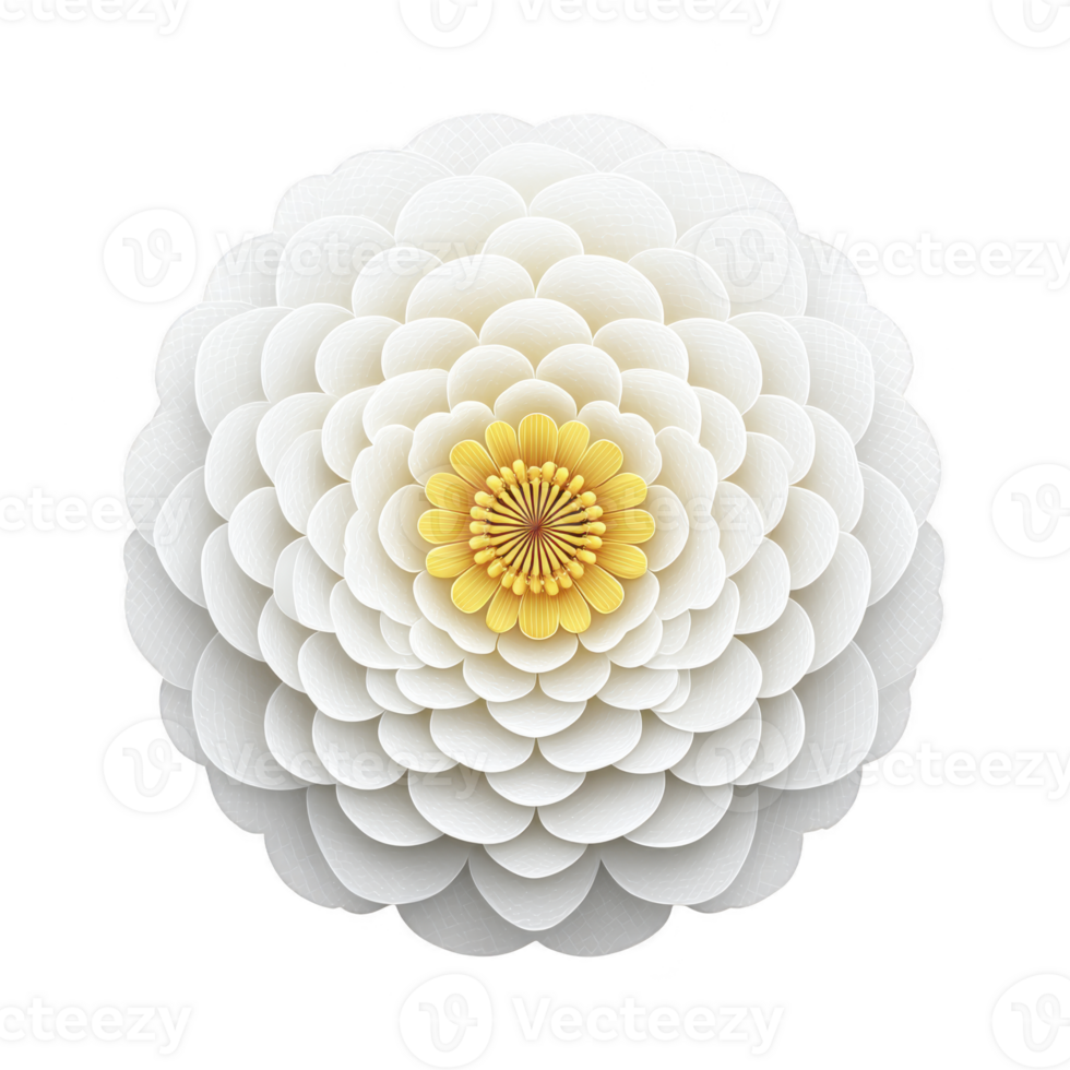 White and yellow layered paper flower with intricate petal design creates delicate and elegant appearance. symmetrical arrangement and soft colors evoke sense of calm and beauty png