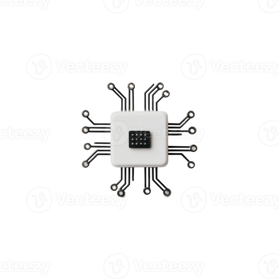 White microchip with black circuit lines extending outward, resembling spider, is centered on plain background. design is minimalistic and futuristic, symbolizing technology and connectivity png