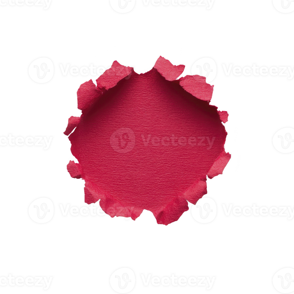 Vibrant red paper with torn circular hole in center creates striking visual effect, revealing textured surface. jagged edges add dynamic and creative touch png