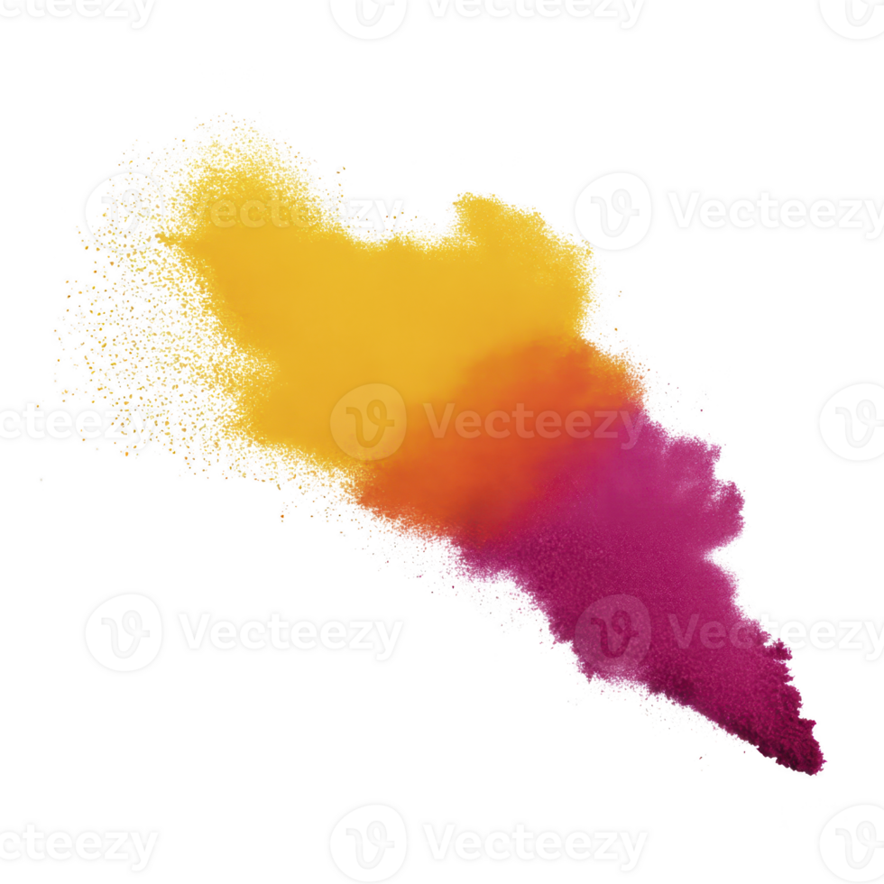 Vibrant burst of colorful powder, blending yellow, orange, and pink hues, creates dynamic and energetic visual effect against transparency background png