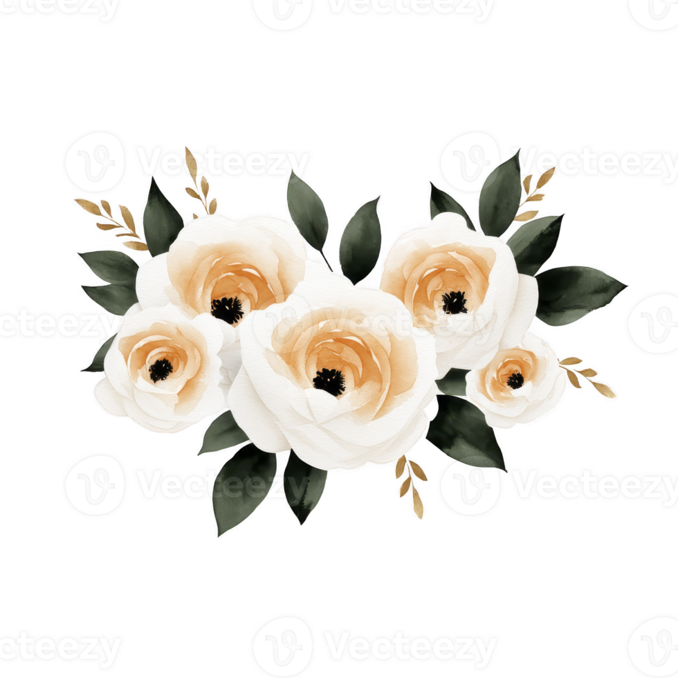 Elegant watercolor illustration of white and peach roses with lush green leaves, creating delicate and romantic floral arrangement. Perfect for wedding invitations or decor png