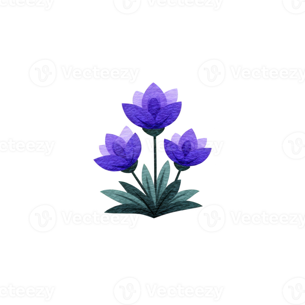 Digital illustration of three vibrant purple flowers with layered petals and green leaves, set against transparent background. design is simple and elegant, perfect for decorative purposes png