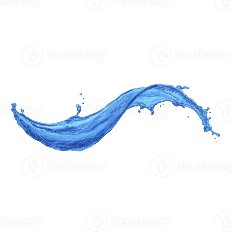 Dynamic splash of blue water forms graceful wave shape against transparent background, capturing motion and fluidity. vibrant color and movement evoke sense of freshness and energy png