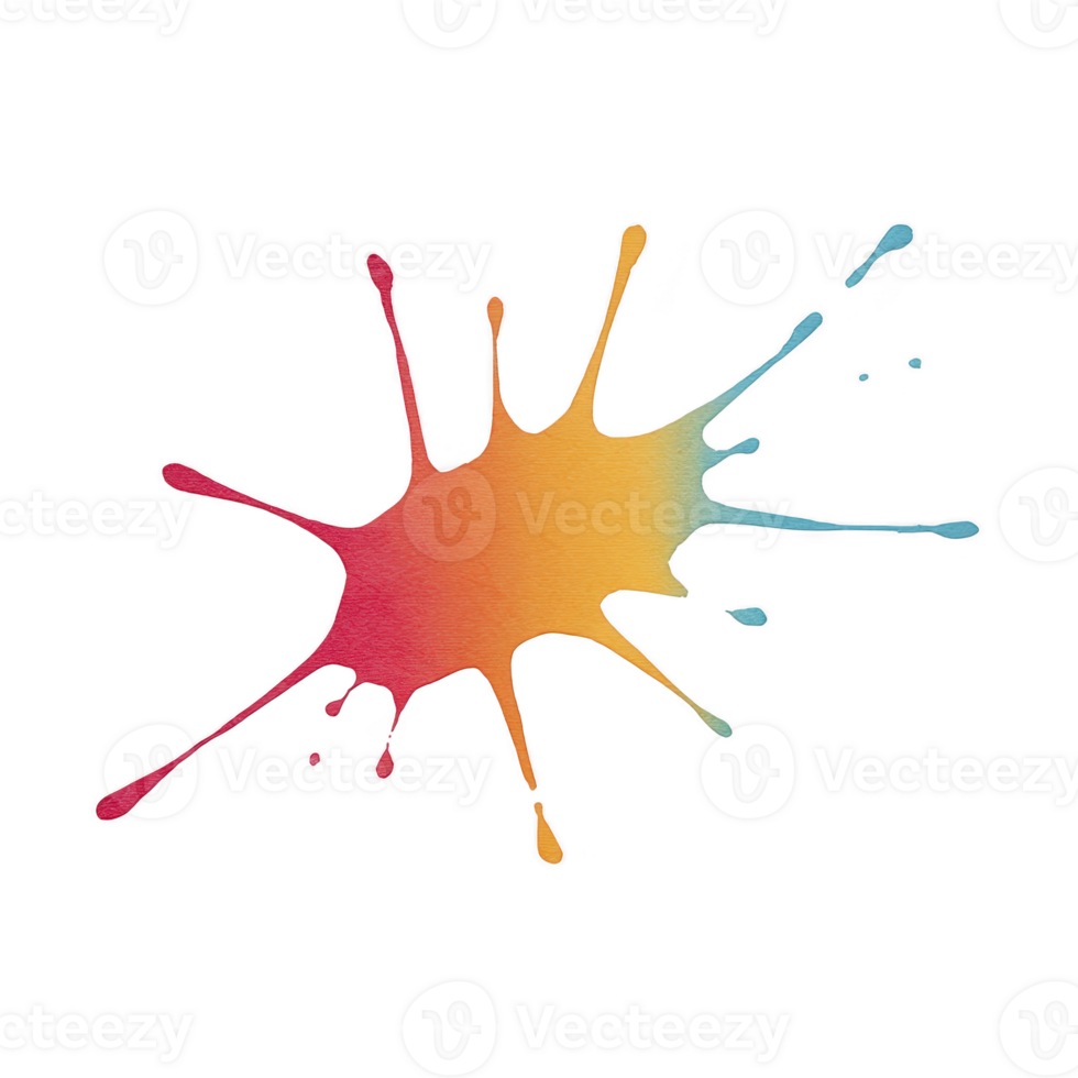 Vibrant splash of watercolor paint in gradient of red, orange, yellow, and blue, creating artistic and dynamic effect. splatter design is isolated on transparency background png