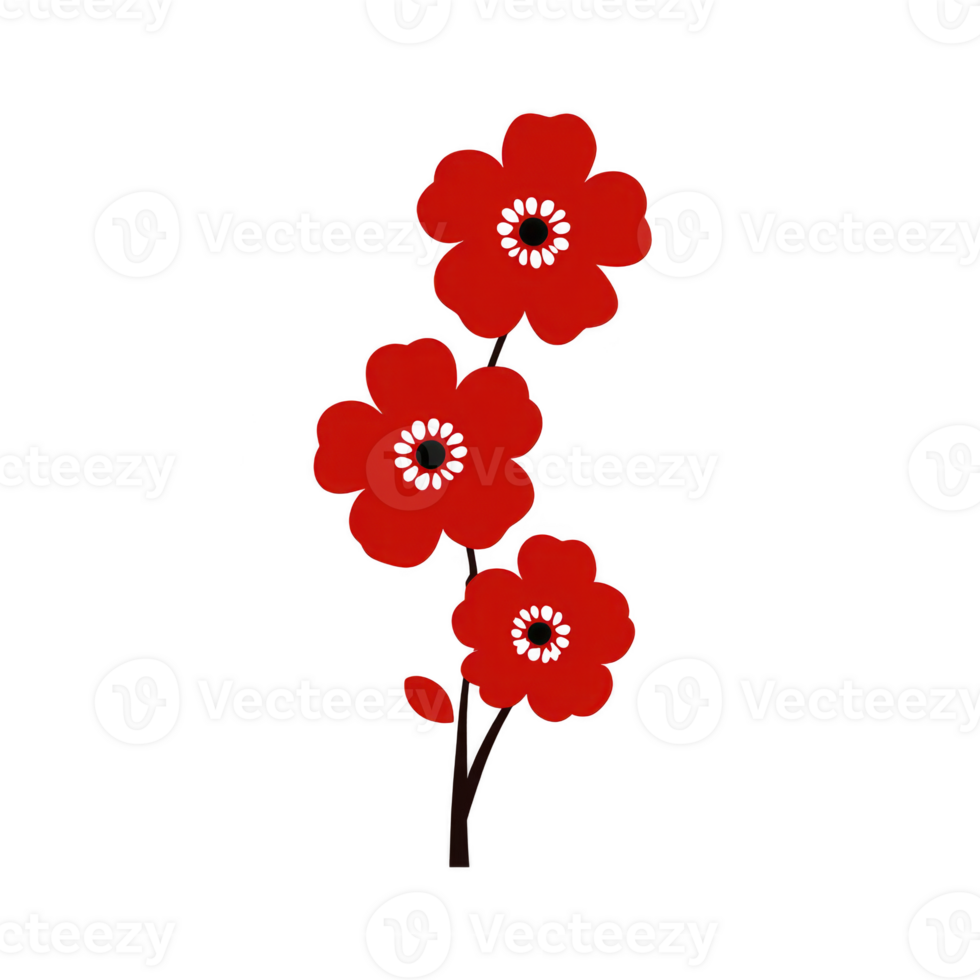 Red flowers with black centers on dark stem, creating striking contrast. simple design evokes sense of elegance and beauty png