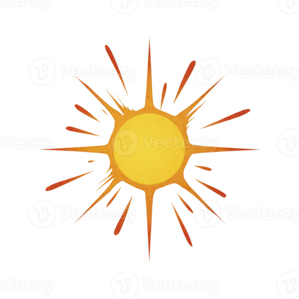 Vibrant, artistic sun illustration with bold rays extending outward, creating dynamic and energetic feel. design features warm yellow and orange tones, evoking sense of warmth and positivity png