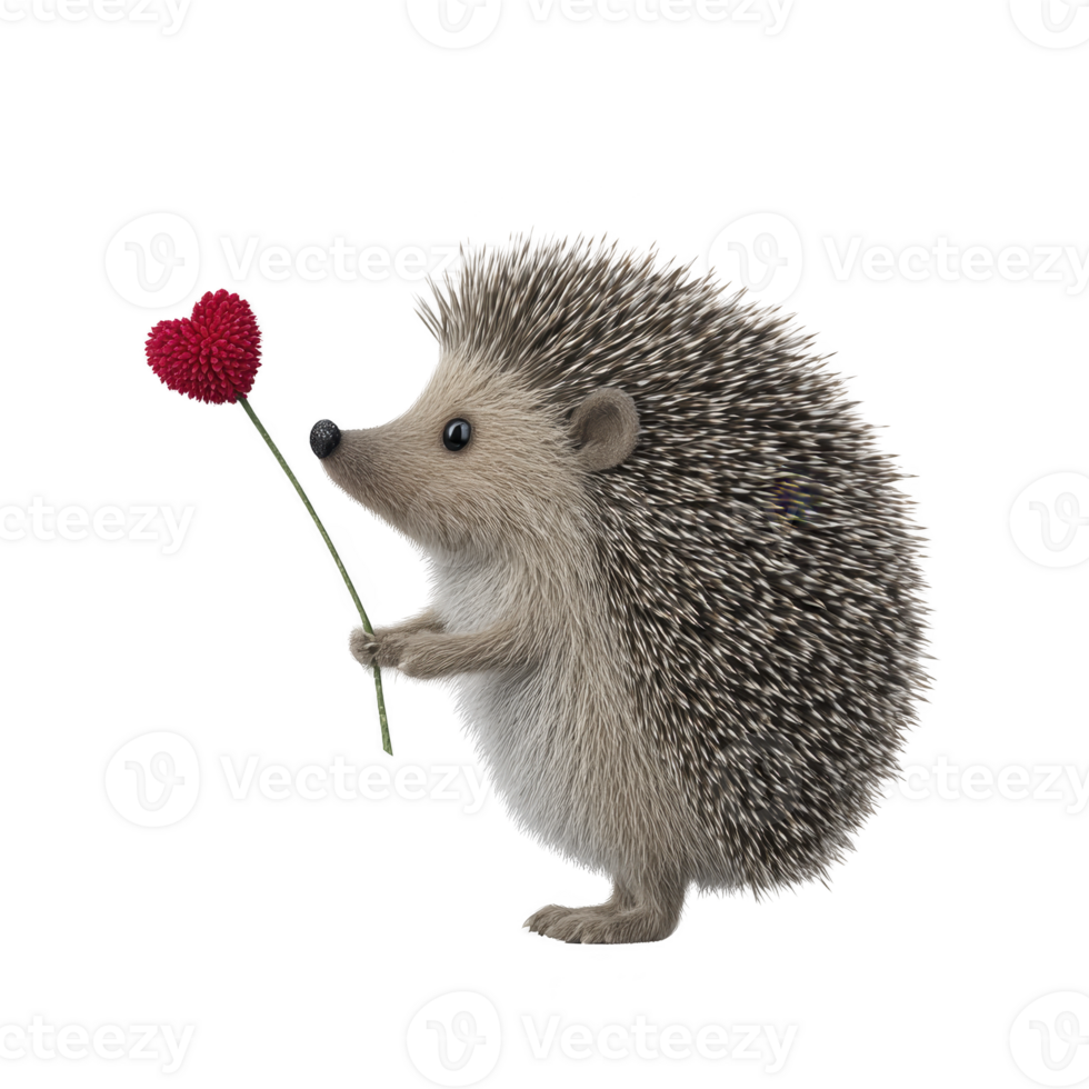 Cute hedgehog holding red heart shaped flower stands on transparency background, conveying sense of love and affection. hedgehog spiky fur contrasts with delicate flower png