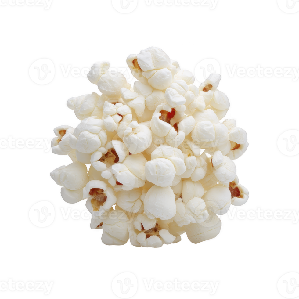 Single piece of fluffy white popcorn isolated on transparency background, showcasing its texture and lightness. Perfect for snack themed designs or food related projects png