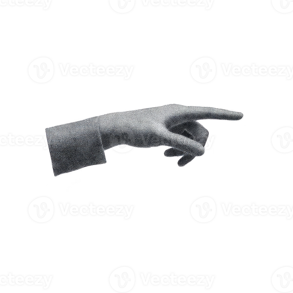 Vintage style illustration of pointing hand with dotted texture, evoking classic and retro feel. hand is depicted in gesture of direction or indication, isolated on transparency background png
