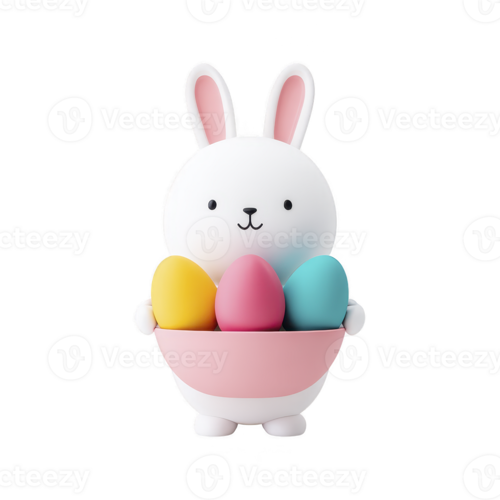 Cute white bunny holding pink bowl filled with colorful Easter eggs, including yellow, blue, and pink, stands against plain background. bunny cheerful expression adds festive touch png
