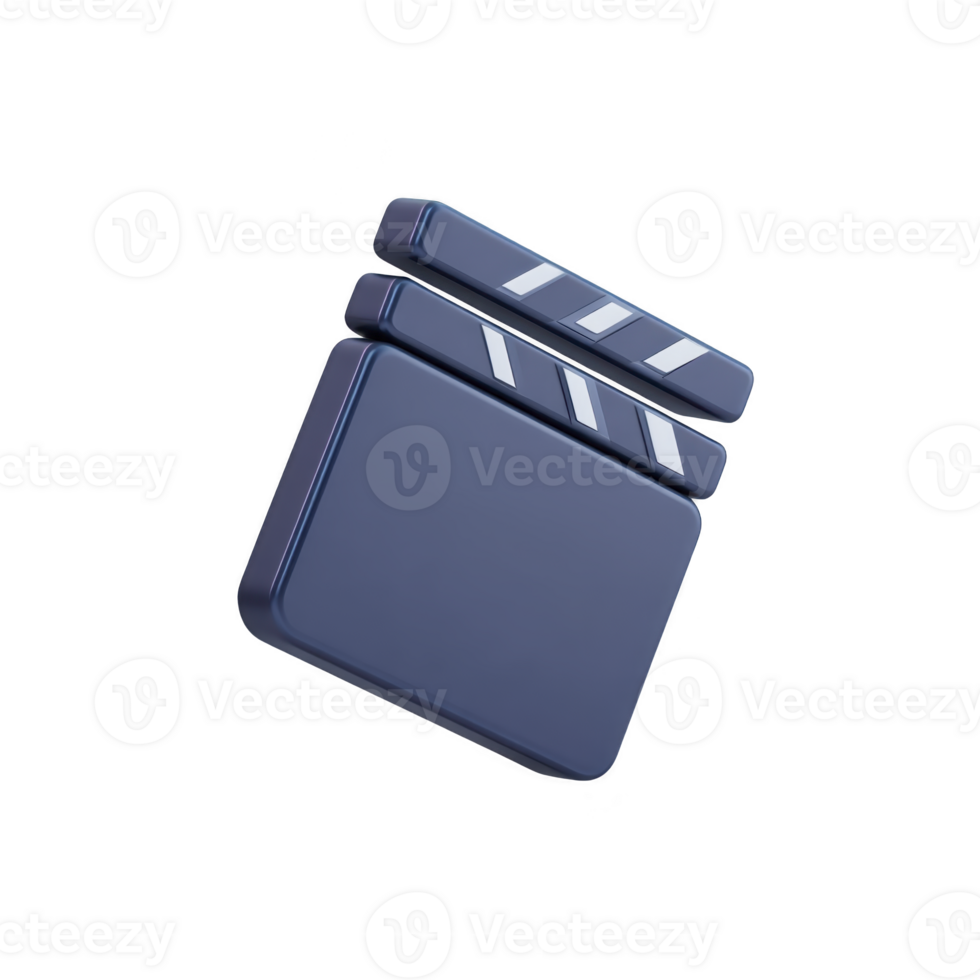 3D illustration of blue clapperboard icon, often used in filmmaking, floating against plain background. clapperboard is depicted in minimalist style, emphasizing its sleek design png