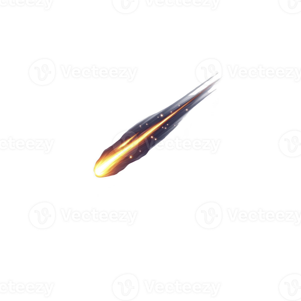 Bright, fiery meteor streaks across night sky, leaving trail of glowing light and sparks. celestial object appears dynamic and fast moving, evoking sense of wonder and awe png