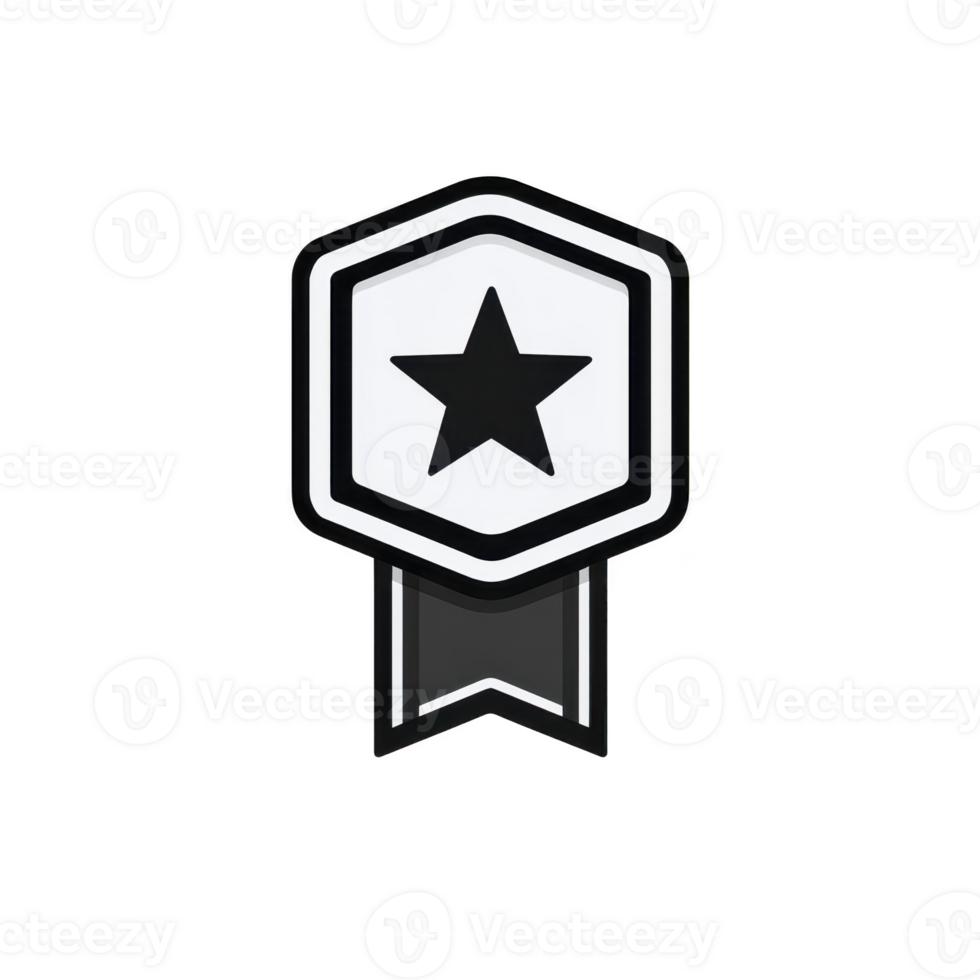 Black and white star badge icon with hexagonal shape and ribbon design, symbolizing achievement or recognition. minimalist style and monochrome palette give it modern look png