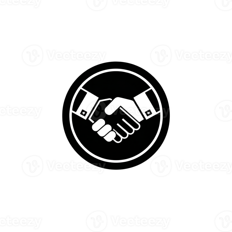 Handshake icon in circular frame symbolizes agreement and partnership. black and white design conveys professionalism and unity png