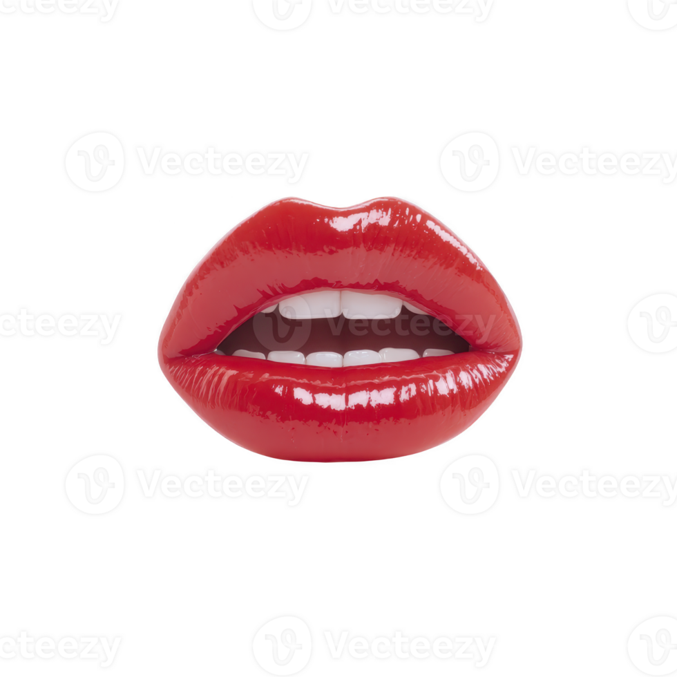 Glossy red lips with shiny finish, showcasing bold and vibrant appearance. lips are slightly parted, revealing white teeth, creating striking and glamorous look png