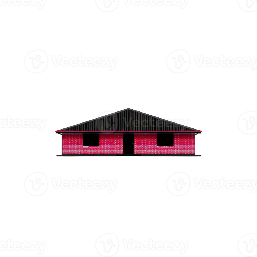 Simple illustration of red brick house with black roof, showcasing minimalist design. house features two windows and central door, emphasizing straightforward architectural style png