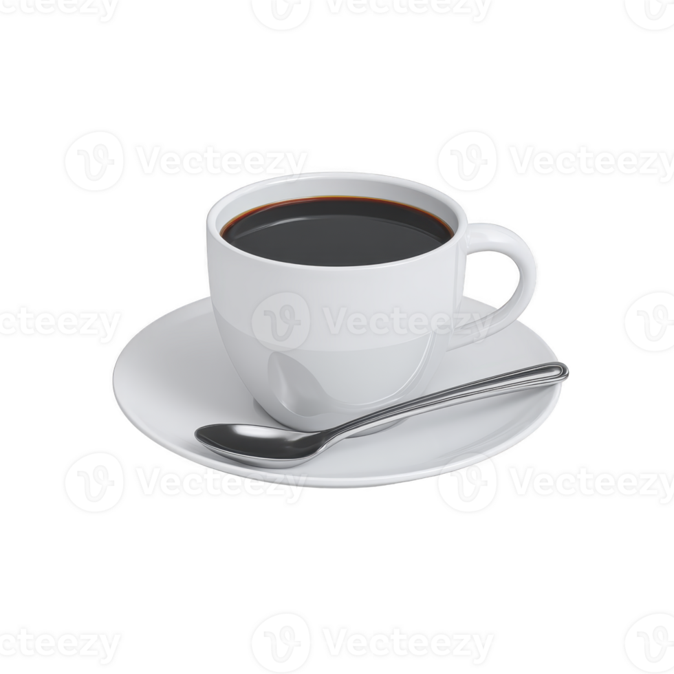 White ceramic cup filled with black coffee sits on matching saucer, accompanied by shiny metal spoon, creating simple and elegant setting png