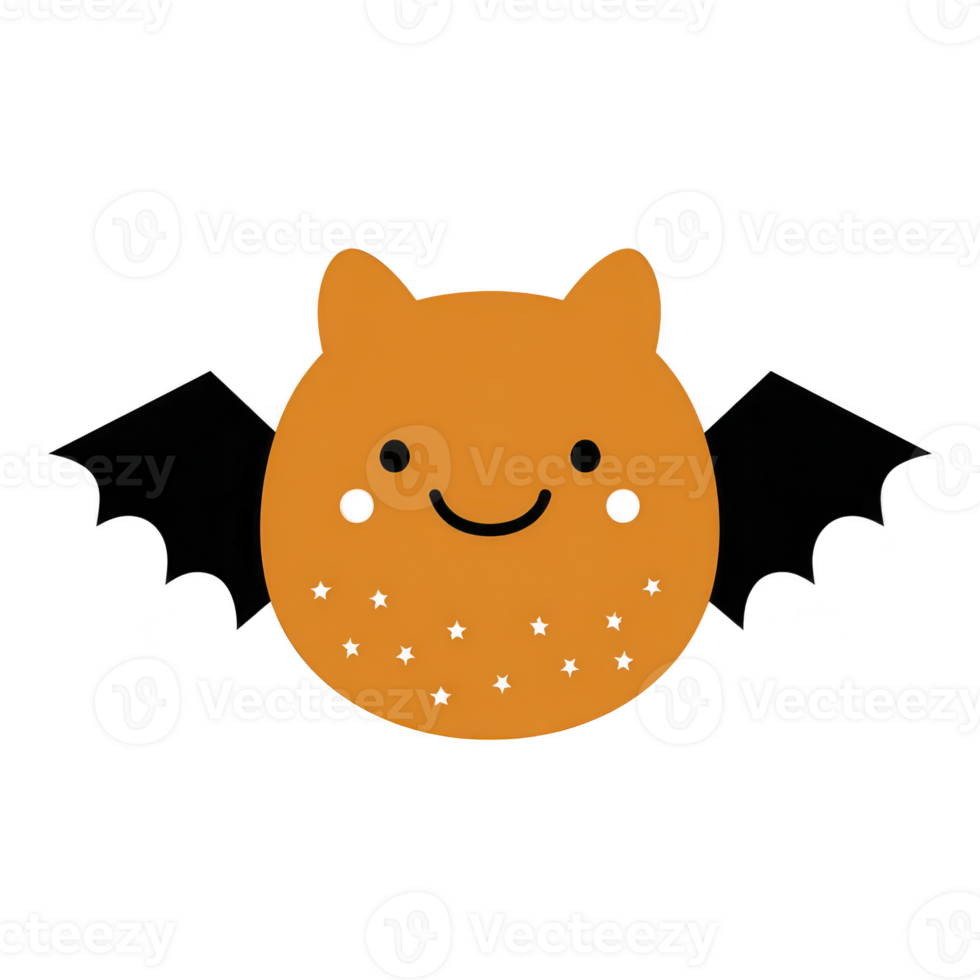 Cute, smiling orange bat with black wings and star patterns on its cheeks, perfect for Halloween themed designs. bat round face and cheerful expression add playful touch png