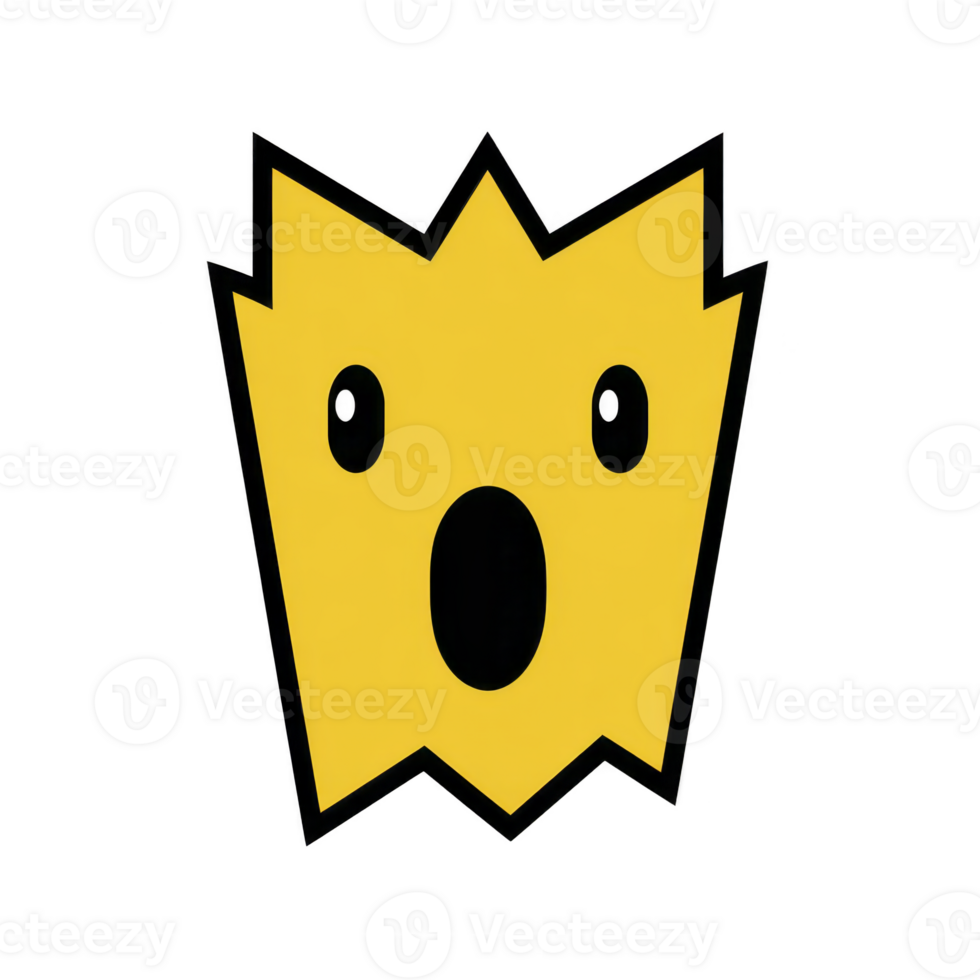 Yellow, jagged edged cartoon face with surprised expression, featuring wide eyes and open mouth, stands out against plain background. bold design conveys shock or amazement png