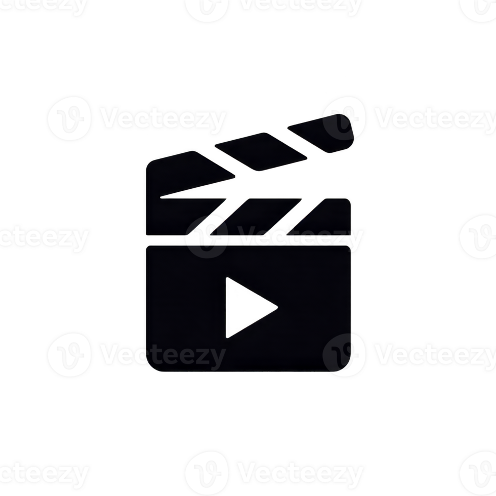 Black film clapperboard icon with play button symbolizes production and media. simple design is ideal for representing filmmaking, cinema, or digital content creation png
