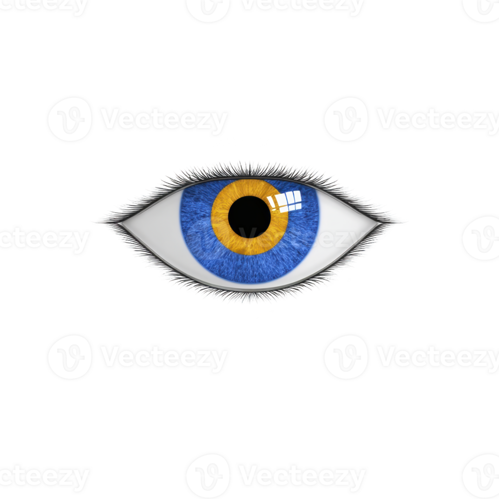 Digital illustration of blue and yellow eye with detailed eyelashes, set against transparency background, creates striking and surreal visual effect png