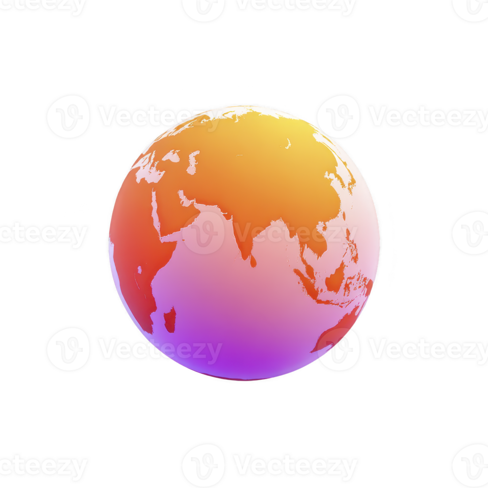 Vibrant, gradient globe illustration featuring Asia, Africa, and Australia, with warm orange and purple hues, symbolizing global connectivity and diversity png