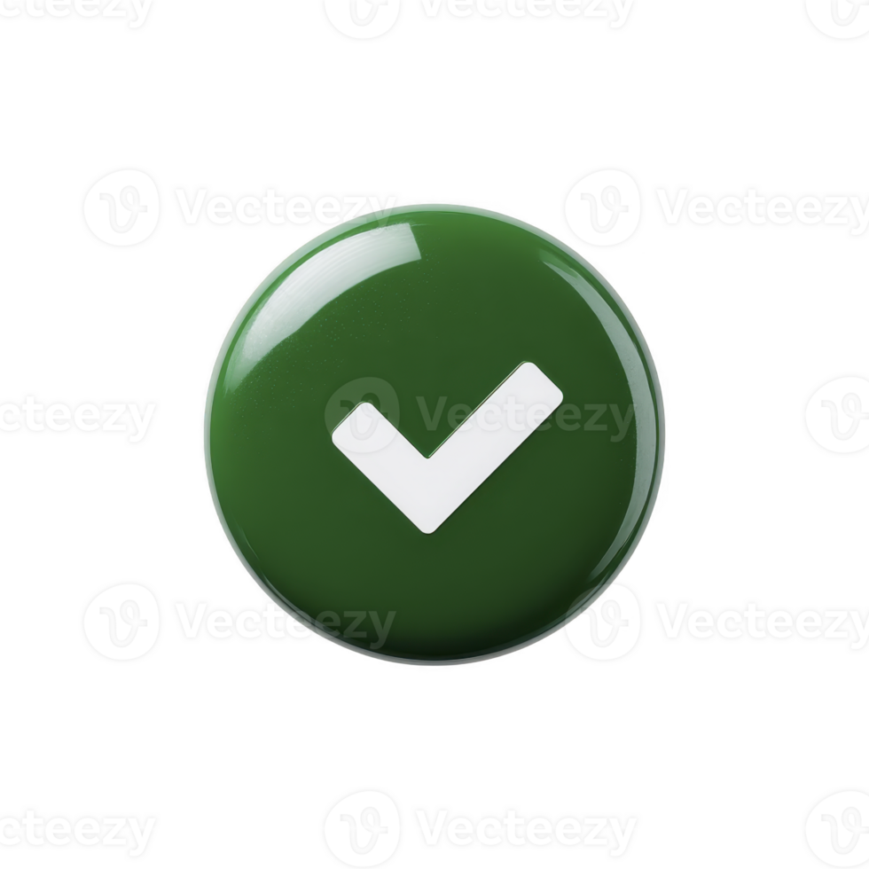 Glossy green button with white check mark symbolizing approval or confirmation. button has shiny surface, reflecting light, and is isolated on transparency background png