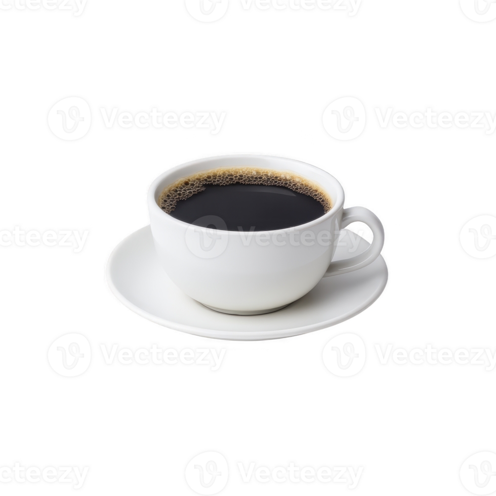 Steaming cup of black coffee in white ceramic cup and saucer, isolated on transparency background, evokes sense of warmth and comfort png