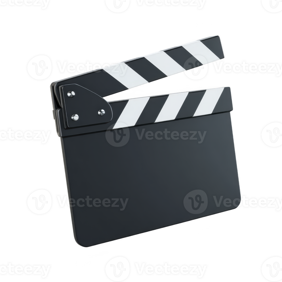 Black and white film clapperboard with striped top is depicted, symbolizing filmmaking and movie production. clapperboard is angled slightly, showcasing its classic design png