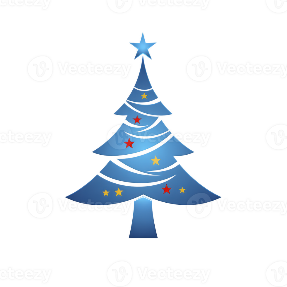 Stylized blue Christmas tree with star on top and red and yellow stars as decorations, set against transparent background, conveys festive and modern holiday theme png