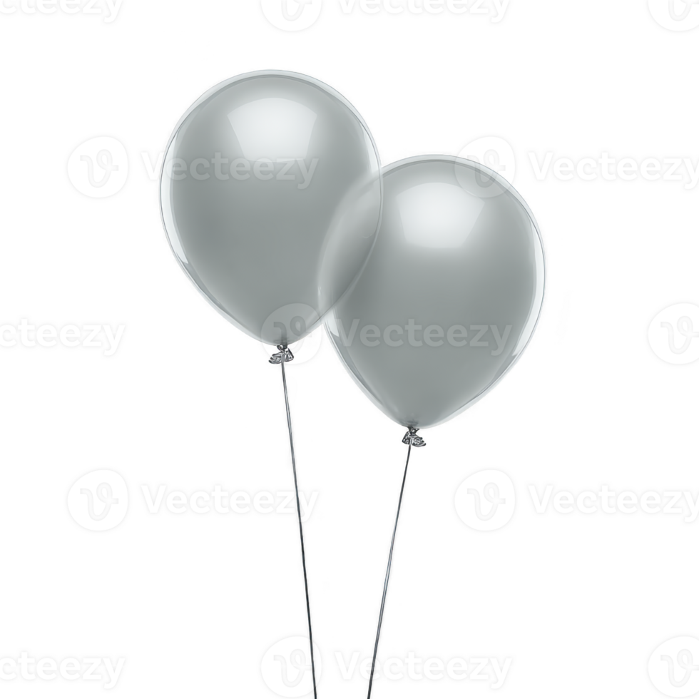 Two shiny silver balloons float against plain background, creating festive and elegant atmosphere. balloons are tied with strings, adding touch of celebration and joy png