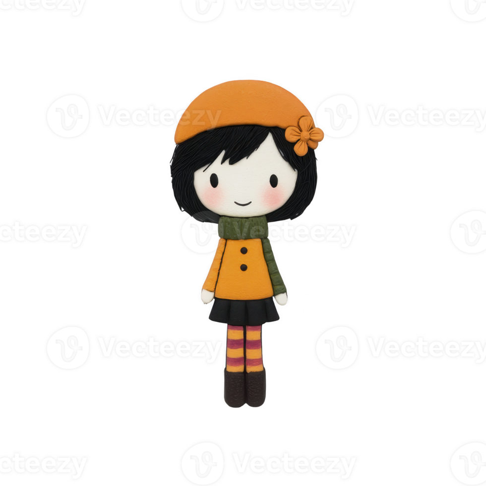 Cute cartoon character with cheerful expression, wearing orange beret, matching coat, and striped leggings, exudes playful and whimsical charm png