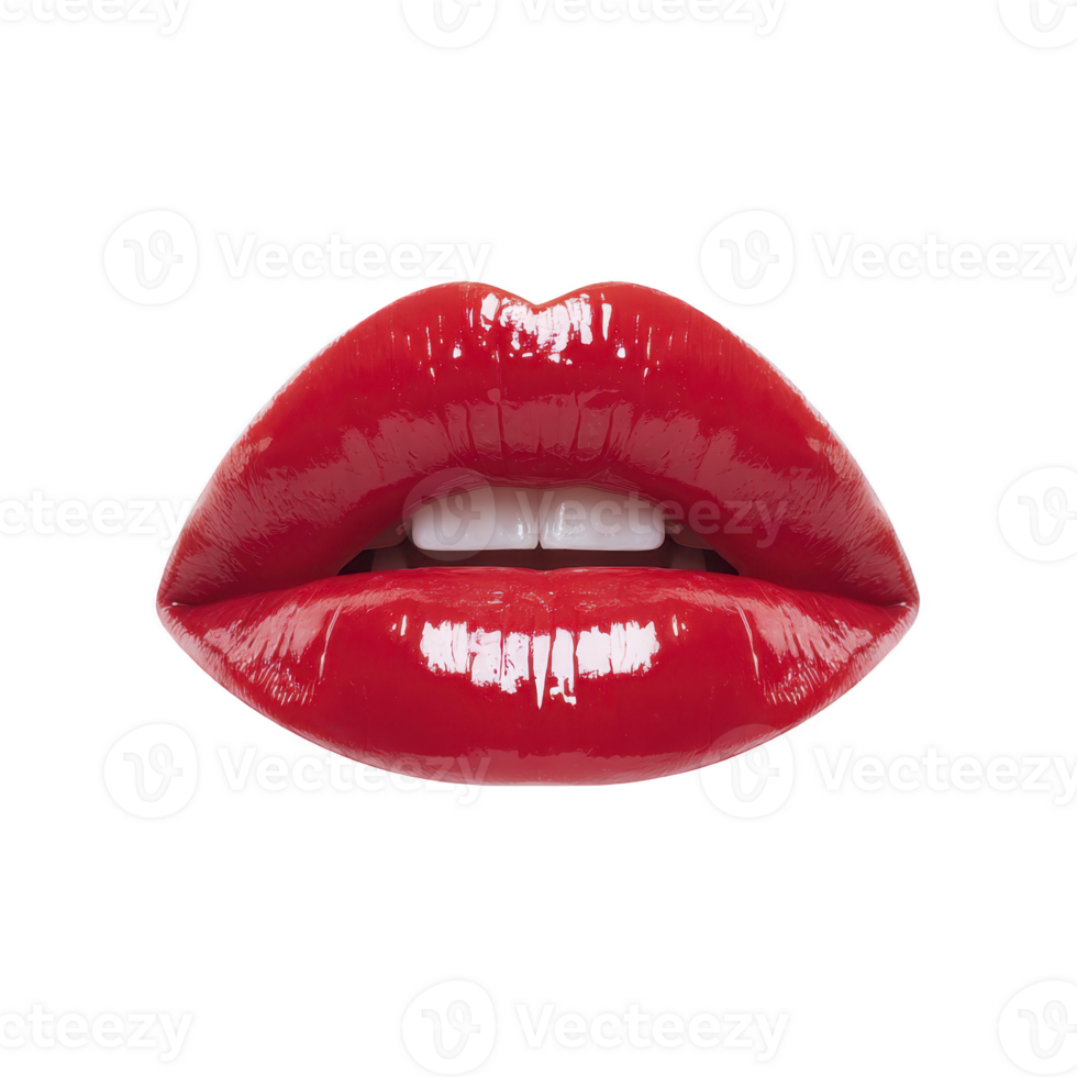 Glossy red lips with shiny finish, showcasing bold and vibrant look. lips are slightly parted, revealing white teeth, creating striking and glamorous appearance png