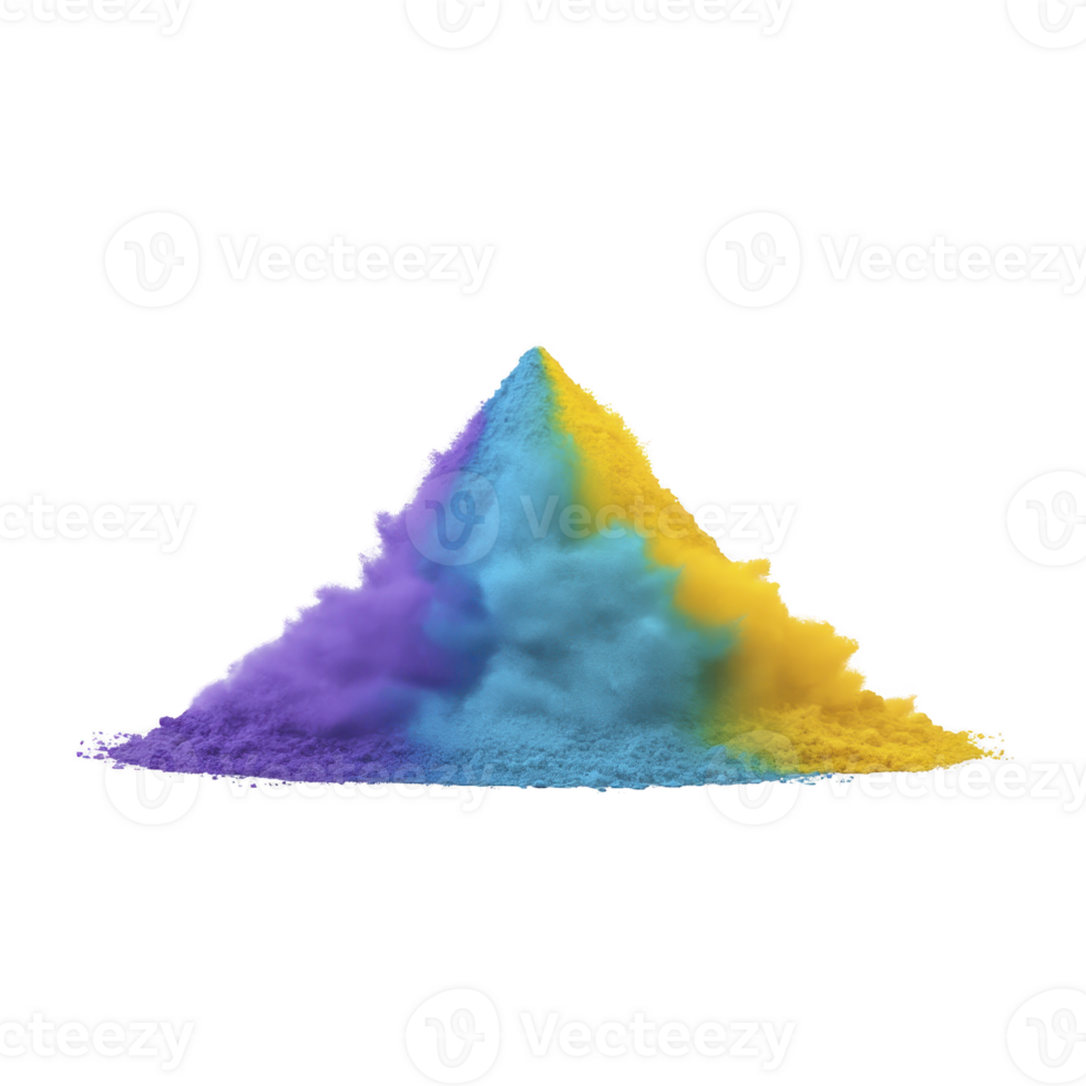 Vibrant pile of colorful powder featuring shades of purple, blue, and yellow, creating dynamic and artistic display. colors blend seamlessly, evoking sense of creativity and energy png
