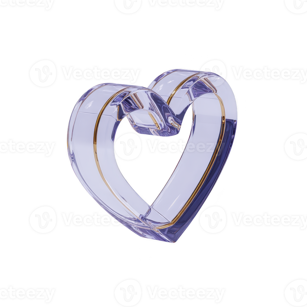 Transparent, purple heart shaped glass sculpture with gold accents creates elegant and modern design. smooth curves and reflective surface add touch of sophistication png